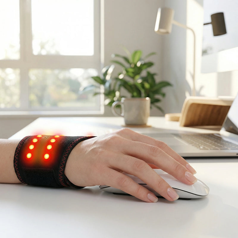 Hand using a wristband with red lights on a desk in a bright room.