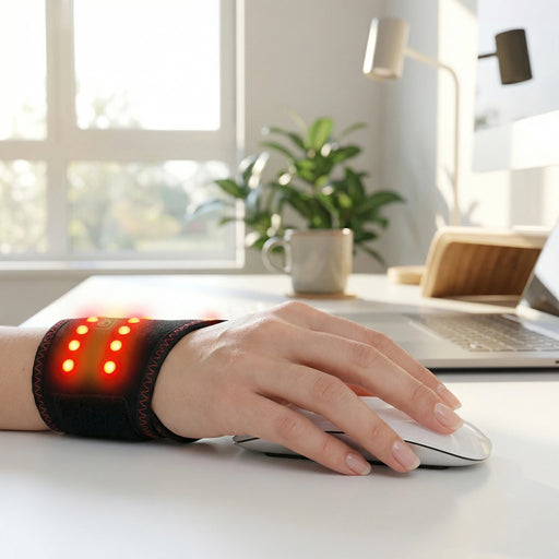 Hand using a wristband with red lights on a desk in a bright room.