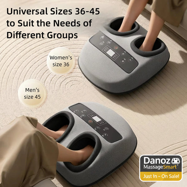 Foot massager with text indicating universal sizes for women's size 36 and men's size 45.