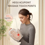 Woman massaging her arm with a focus on the Hegu acupoint, text indicating 'HEGU ACUPoint MASSAGE TOUCH POINTS'.