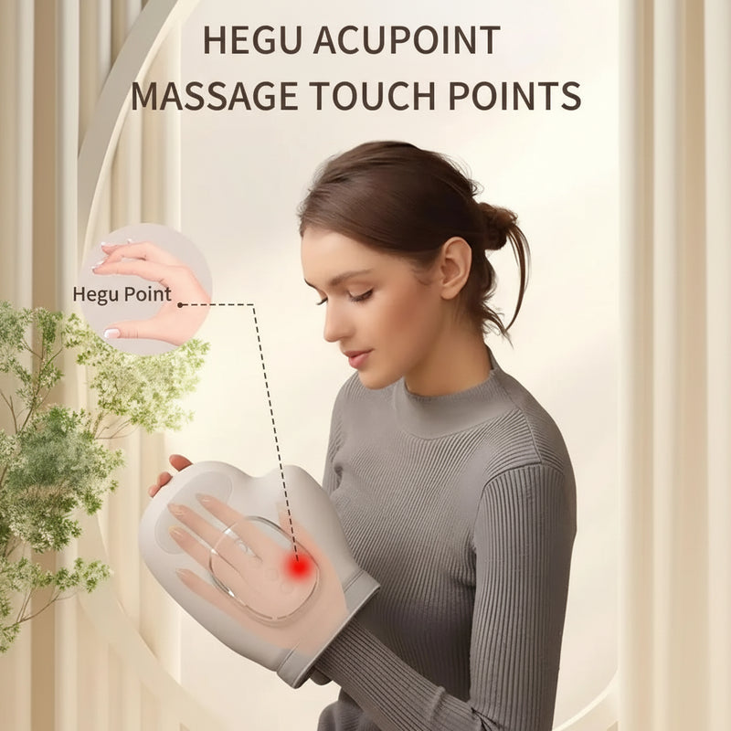 Woman massaging her arm with a focus on the Hegu acupoint, text indicating 'HEGU ACUPoint MASSAGE TOUCH POINTS'.