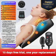 Woman receiving neck and shoulder massage with a device, featuring text on product features and warranty.