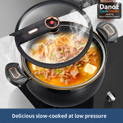 Pressure cooker with food inside on a white surface, featuring text 'Delicious slow-cooked at low pressure'.