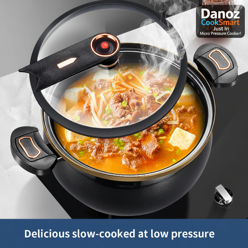 Pressure cooker with food inside on a white surface, featuring text 'Delicious slow-cooked at low pressure'.