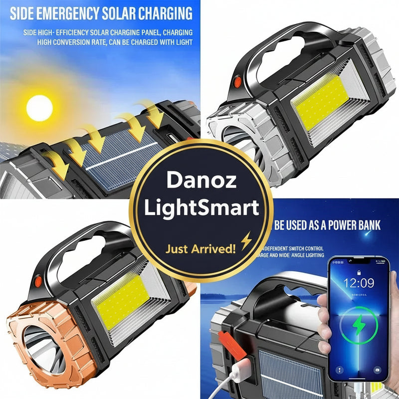 Multifunctional emergency solar charging device with solar panel, flashlight, and power bank features.