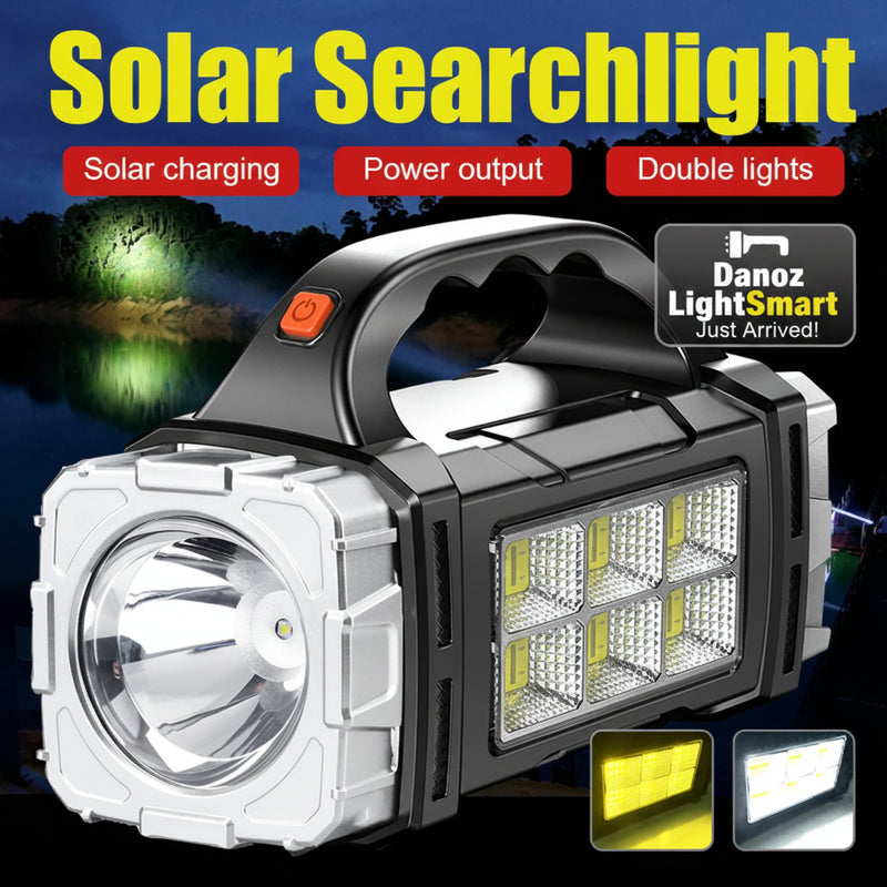 Solar searchlight with solar charging, power output, and double lights features on a dark background.