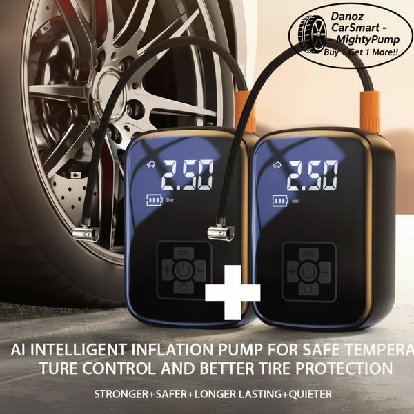 Digital inflation pump with tire pressure display next to a car tire on a wooden surface.