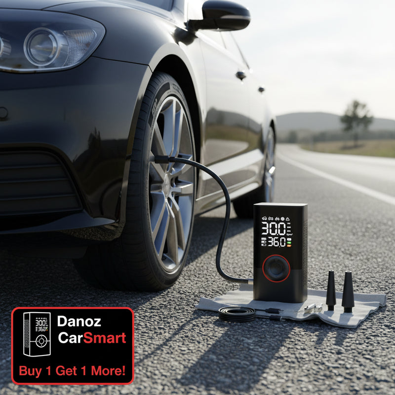 Digital tire pressure monitor with accessories on a white background
