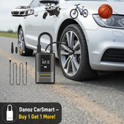 Black portable air compressor with digital display and accessories on a white background, with images of a car, motorcycle, bicycle, and basketball above.