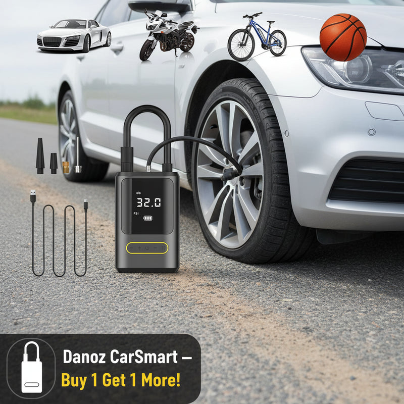 Black portable air compressor with digital display and accessories on a white background, with images of a car, motorcycle, bicycle, and basketball above.
