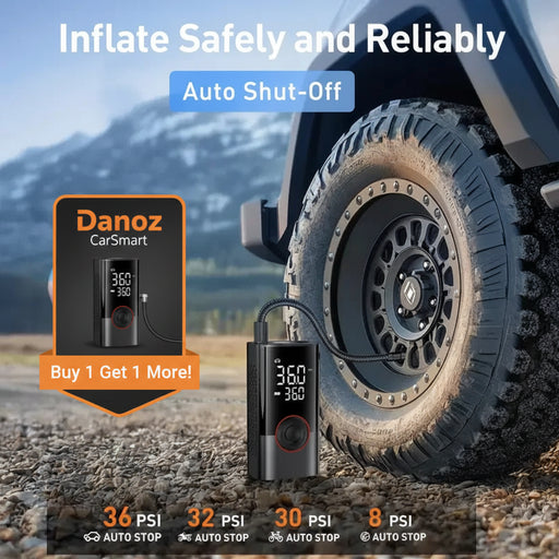 Digital tire inflator with car tire and scenic background