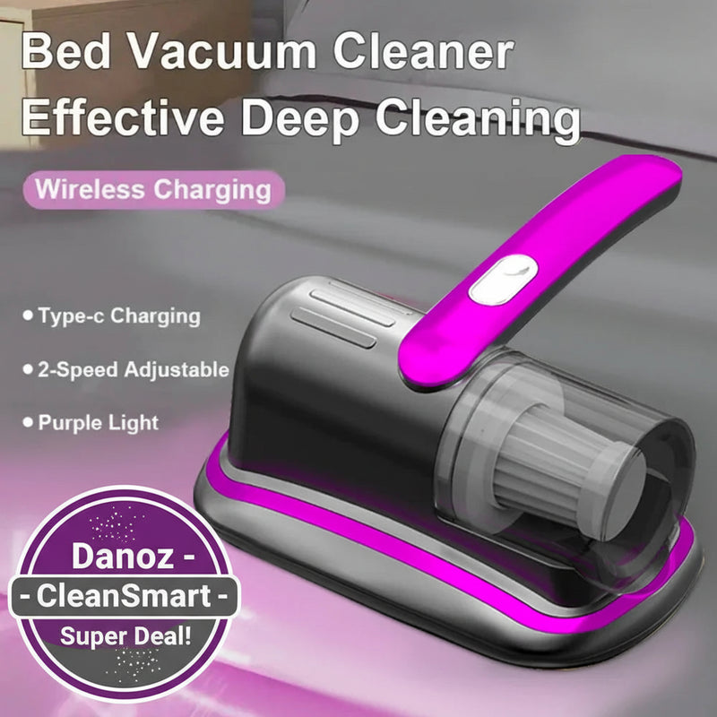 Bed vacuum cleaner with purple handle and base on a bed, highlighting wireless charging and features.