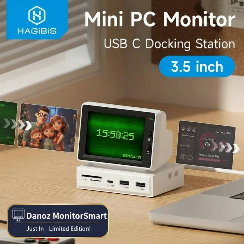 Mini PC Monitor USB C Docking Station with digital clock on a desk, featuring HAGIBIS branding.
