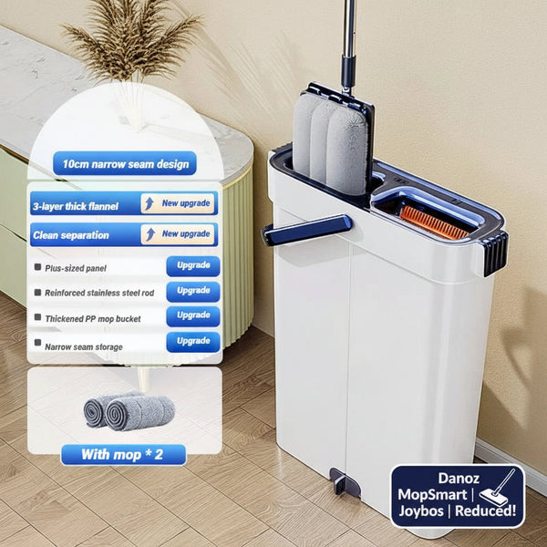 White mop with features highlighted on a wooden floor background