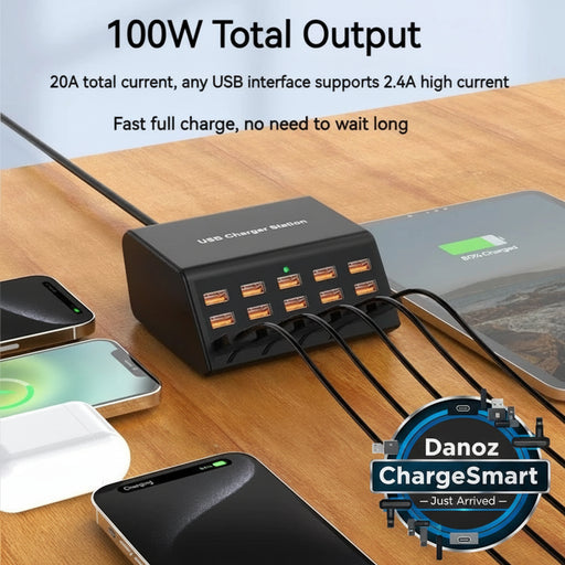 USB charger station with multiple devices charging on a wooden surface