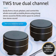 Two black TWS true dual channel speakers with text on a white background