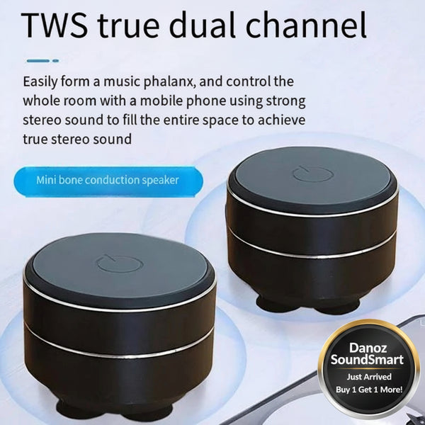 Two black TWS true dual channel speakers with text on a white background