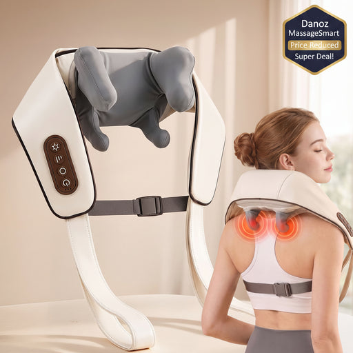 A white and gray neck and shoulder massage device is shown both upright and being worn by a woman from behind, with glowing orange heat indicators over her shoulders. The setting is a bright, modern room with soft natural light.