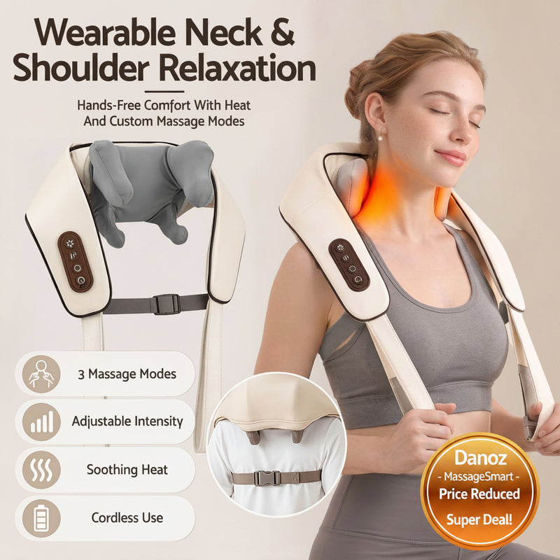 A woman wearing a wearable neck and shoulder massage device over her shoulders, with promotional text and feature icons on a light beige background. The device is cream-colored with dark brown control panels and a gray plush head.