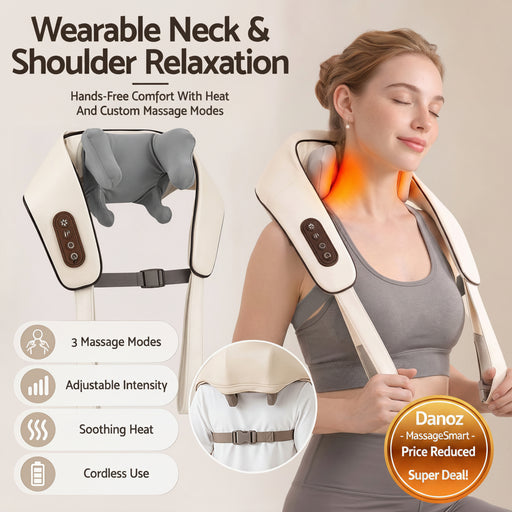 A woman wearing a wearable neck and shoulder massage device over her shoulders, with promotional text and feature icons on a light beige background. The device is cream-colored with dark brown control panels and a gray plush head.