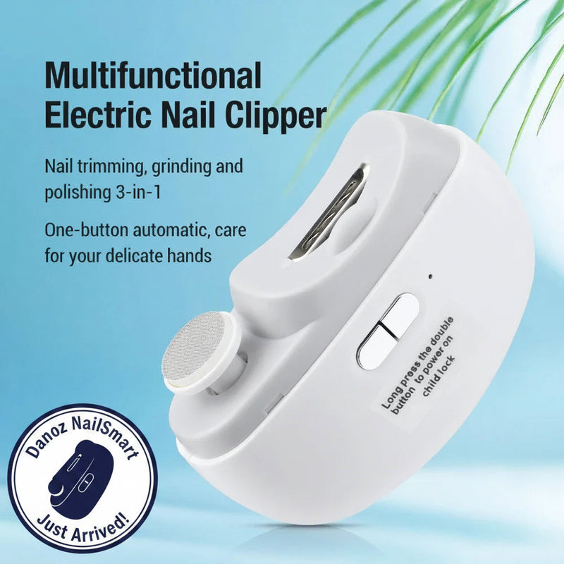 Multifunctional electric nail clipper on a light blue background