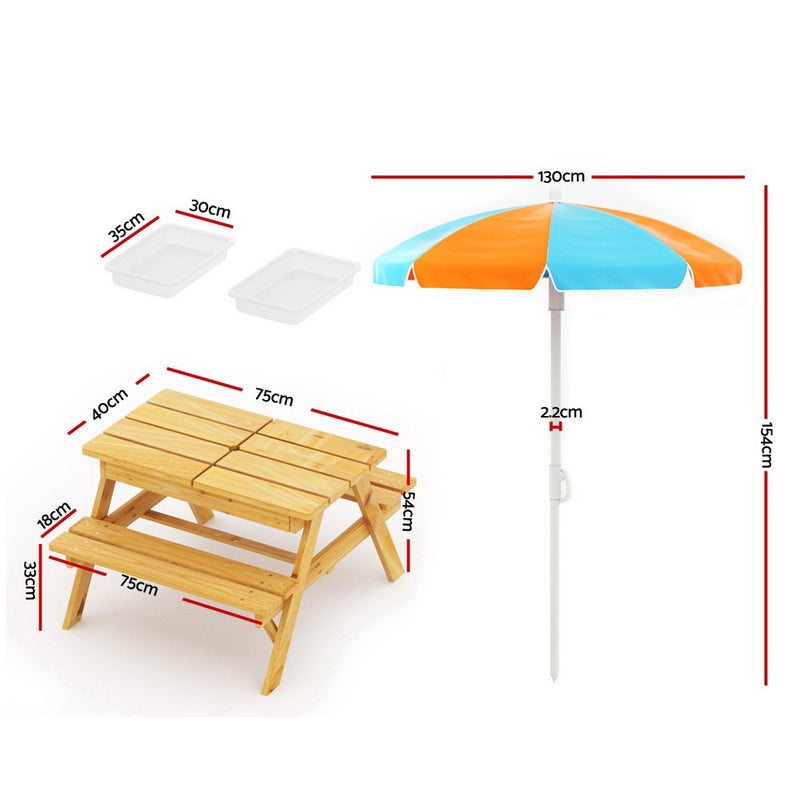 Danoz Kids - Keezi Kids Outdoor Table and Chairs Picnic Bench Umbrella Set Water Sand Pit Box
