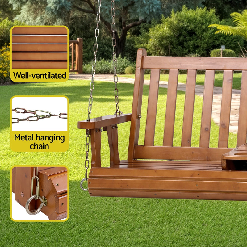 Danoz Outdoors - Gardeon Porch Outdoor Swing Chair Patio Furniture Wooden Bench 2 Seat Cup Holder