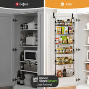 Before and after comparison of a kitchen cabinet with a storage solution.