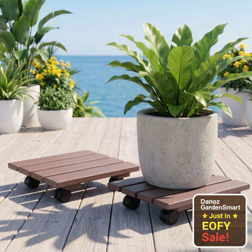 Potted plants on wooden plant stands with a scenic background