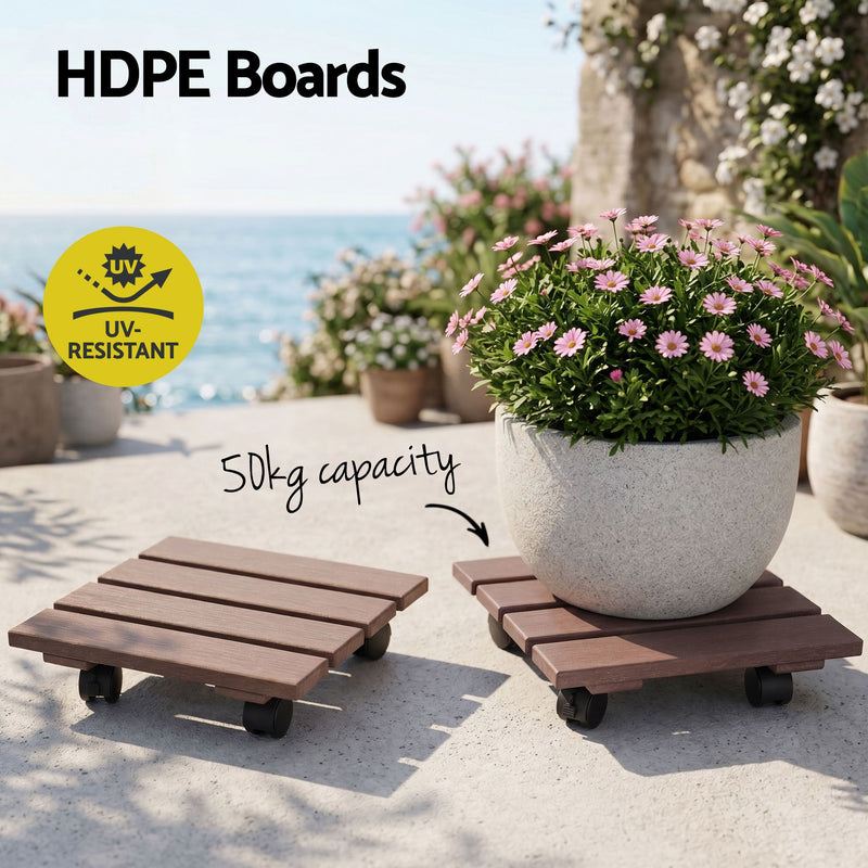 🌿 Danoz GardenSmart | Gardeon Plant Caddy 2-Pack | HDPE | Lockable Castor Wheels | Square | Indoor & Outdoor | Brown