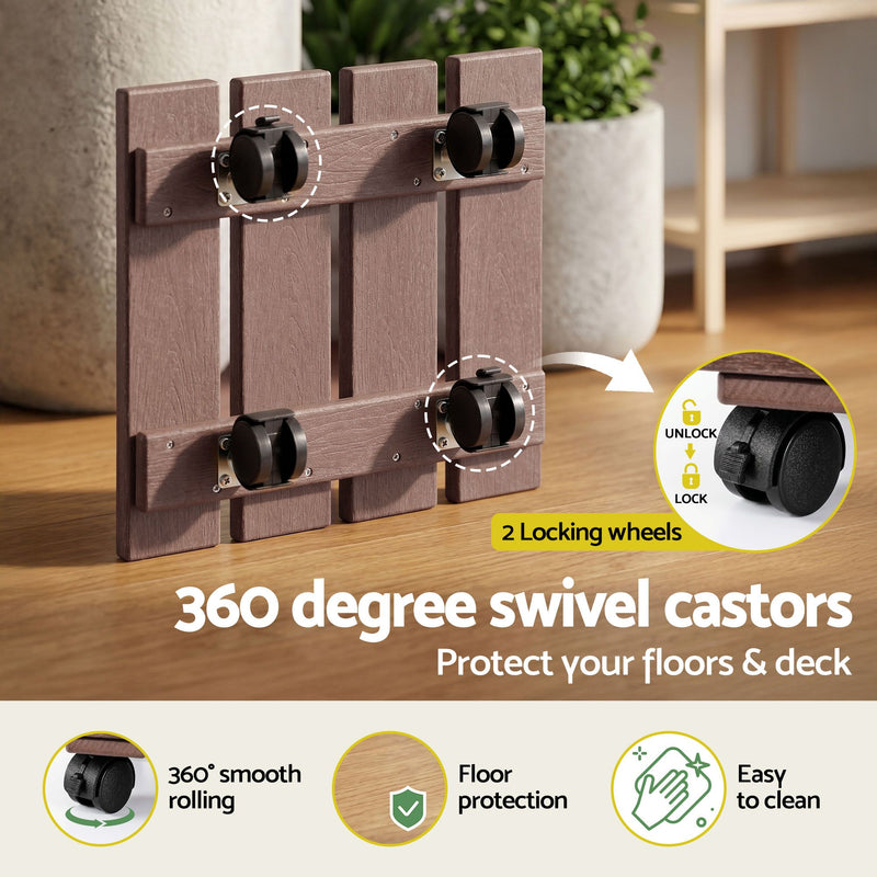 🌿 Danoz GardenSmart | Gardeon Plant Caddy 2-Pack | HDPE | Lockable Castor Wheels | Square | Indoor & Outdoor | Brown
