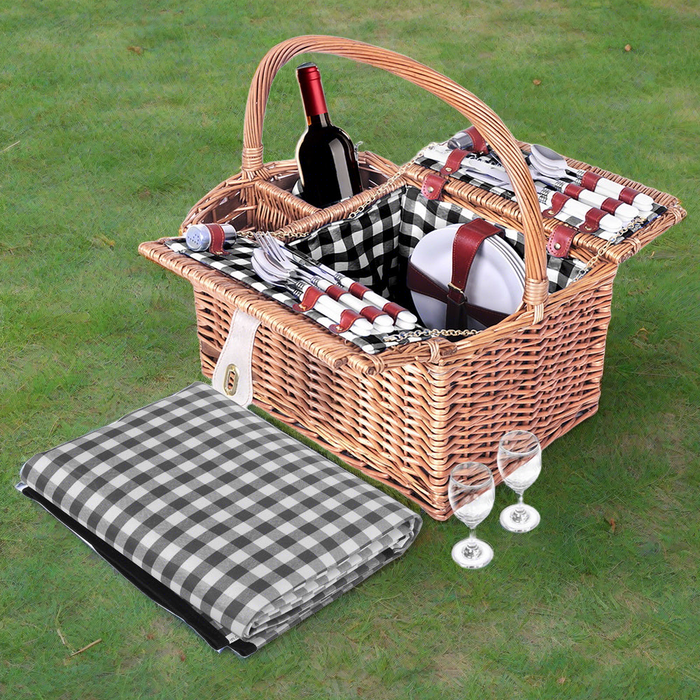 Danoz Direct - Alfresco 4 Person Picnic Basket Set Insulated Outdoor Blanket Bag