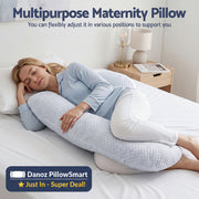 A woman lies on a bed using a light blue textured maternity pillow for support. The image includes text at the top reading 'Multipurpose Maternity Pillow' with a subtitle about adjustable positioning.