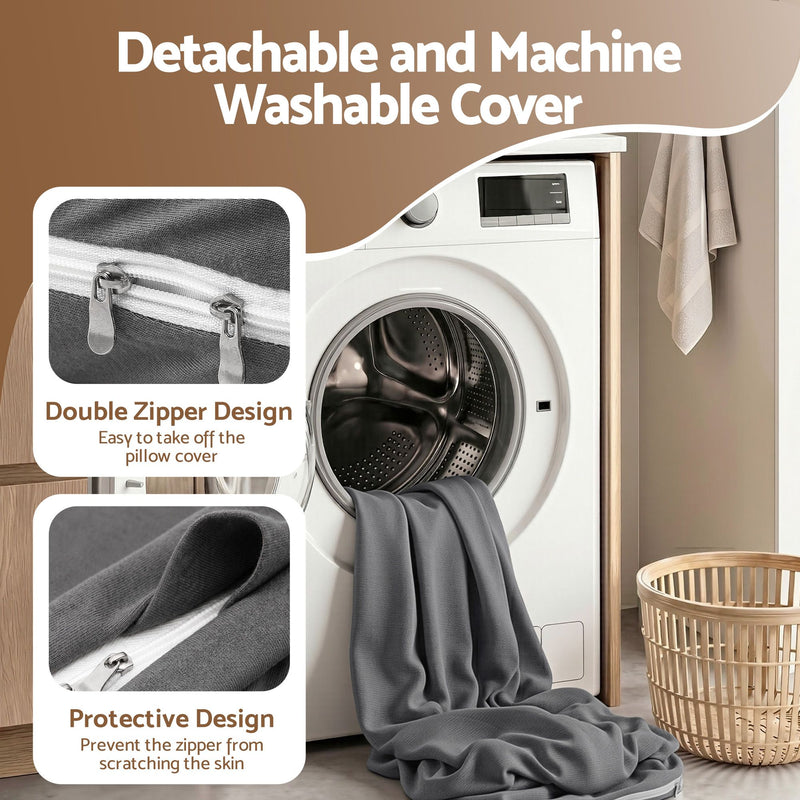 A gray detachable and machine washable pillow cover shown draped over a white front-loading washing machine in a laundry room setting. The graphic includes two inset detail photos highlighting a double zipper design and protective zipper design, with text reading 'Detachable and Machine Washable Cover'.