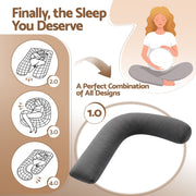 Promotional graphic for a U-shaped maternity support pillow. The image features a dark gray U-shaped pillow in the foreground, with three circular diagrams on the left illustrating different sleeping positions (labeled 2.