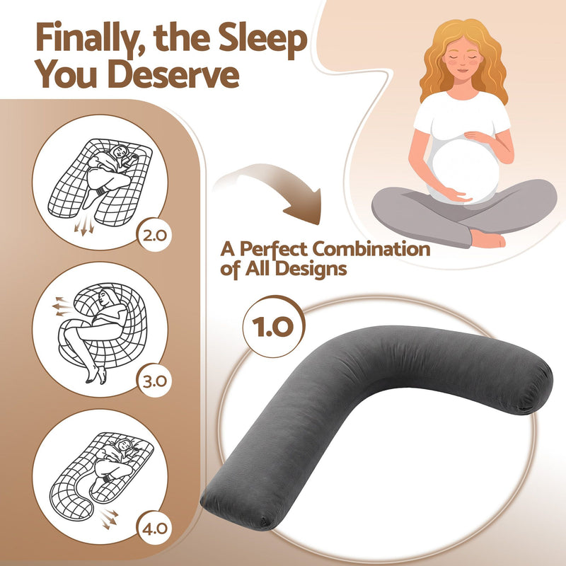 Promotional graphic for a U-shaped maternity support pillow. The image features a dark gray U-shaped pillow in the foreground, with three circular diagrams on the left illustrating different sleeping positions (labeled 2.