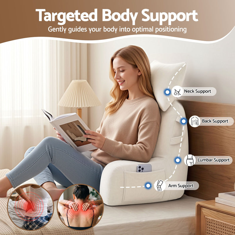 🛋️ Danoz PillowSmart | Giselle Bedding Reading Pillow | Detachable Neck Roll | Armrests | Side Pockets | Back Support | TV & Gaming | Beige