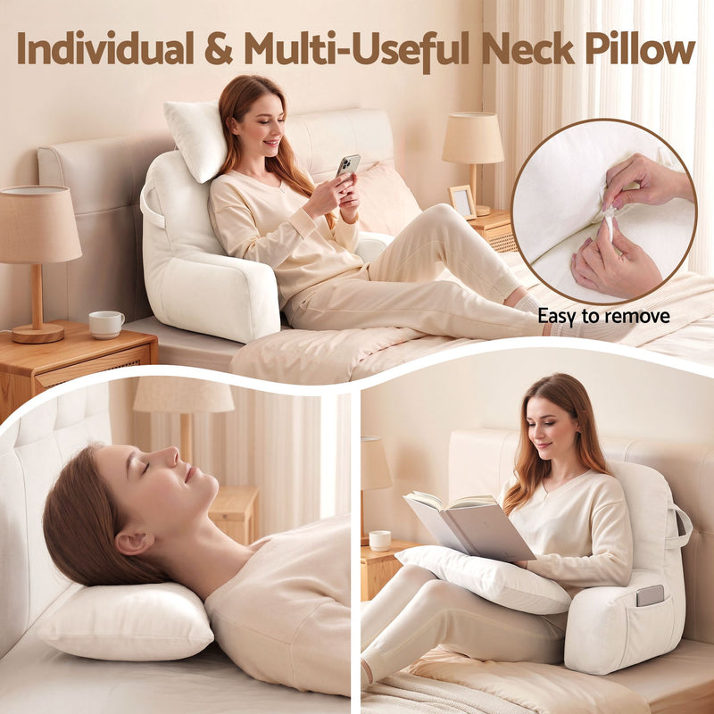 🛋️ Danoz PillowSmart | Giselle Bedding Reading Pillow | Detachable Neck Roll | Armrests | Side Pockets | Back Support | TV & Gaming | Beige