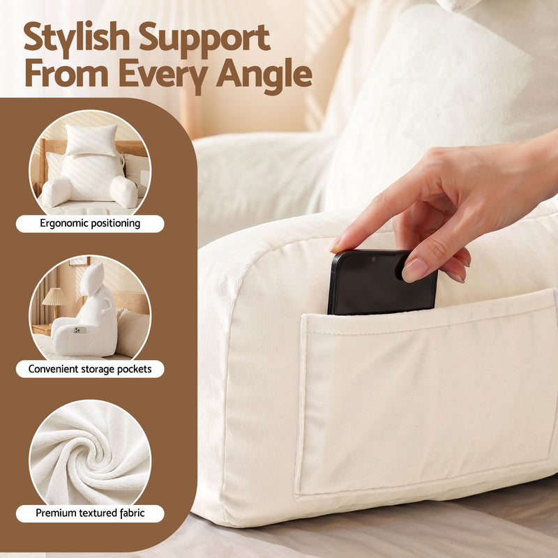 🛋️ Danoz PillowSmart | Giselle Bedding Reading Pillow | Detachable Neck Roll | Armrests | Side Pockets | Back Support | TV & Gaming | Beige