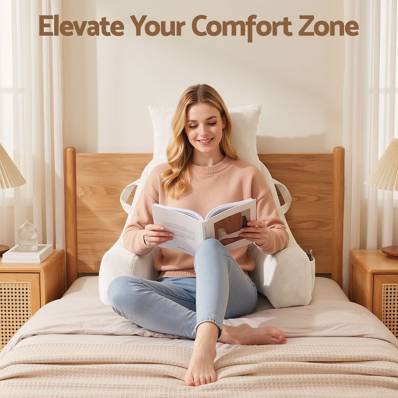 🛋️ Danoz PillowSmart | Giselle Bedding Reading Pillow | Detachable Neck Roll | Armrests | Side Pockets | Back Support | TV & Gaming | Beige