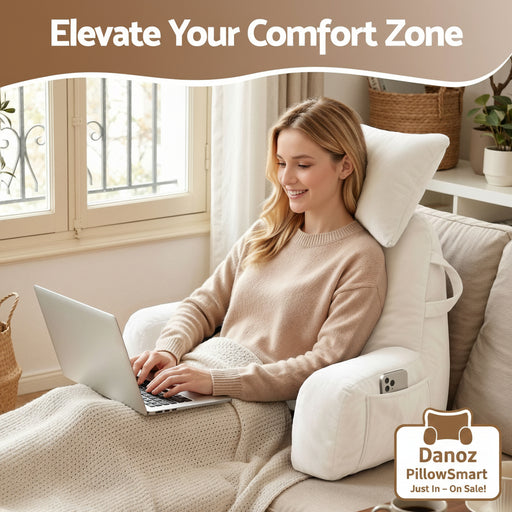 A woman sits in a white ergonomic reclining armchair on a sofa, using a laptop with a blanket draped over her lap. The chair has a headrest, side support, and a phone pocket.