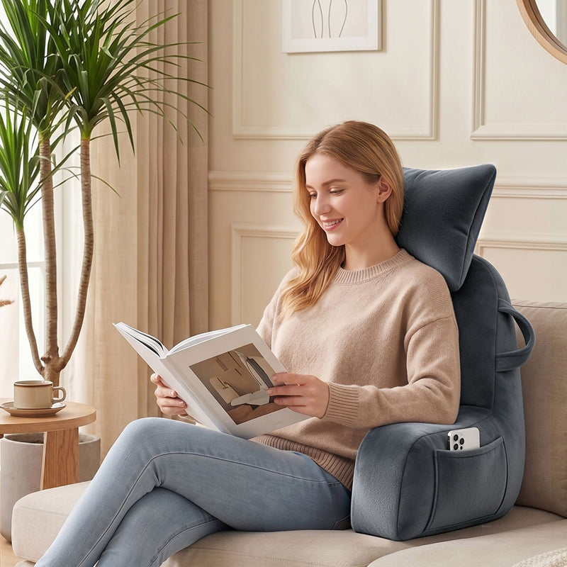🛋️ Danoz PillowSmart | Giselle Bedding Reading Pillow | Detachable Neck Roll | Armrests | Side Pockets | Back Support | TV & Gaming | Gray