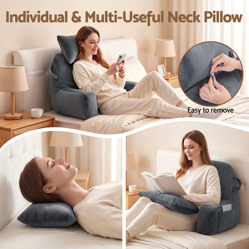 🛋️ Danoz PillowSmart | Giselle Bedding Reading Pillow | Detachable Neck Roll | Armrests | Side Pockets | Back Support | TV & Gaming | Gray