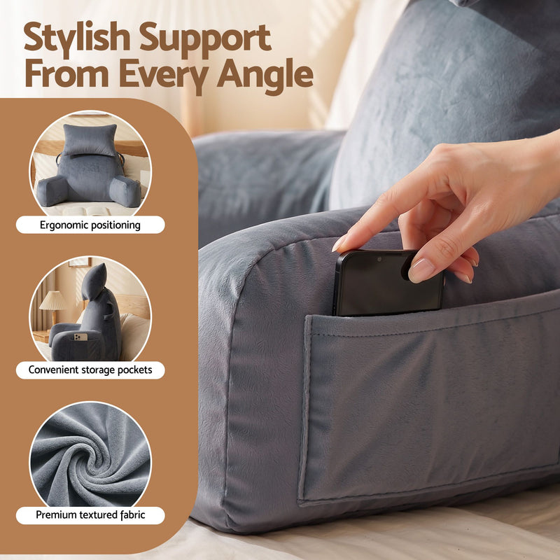 🛋️ Danoz PillowSmart | Giselle Bedding Reading Pillow | Detachable Neck Roll | Armrests | Side Pockets | Back Support | TV & Gaming | Gray