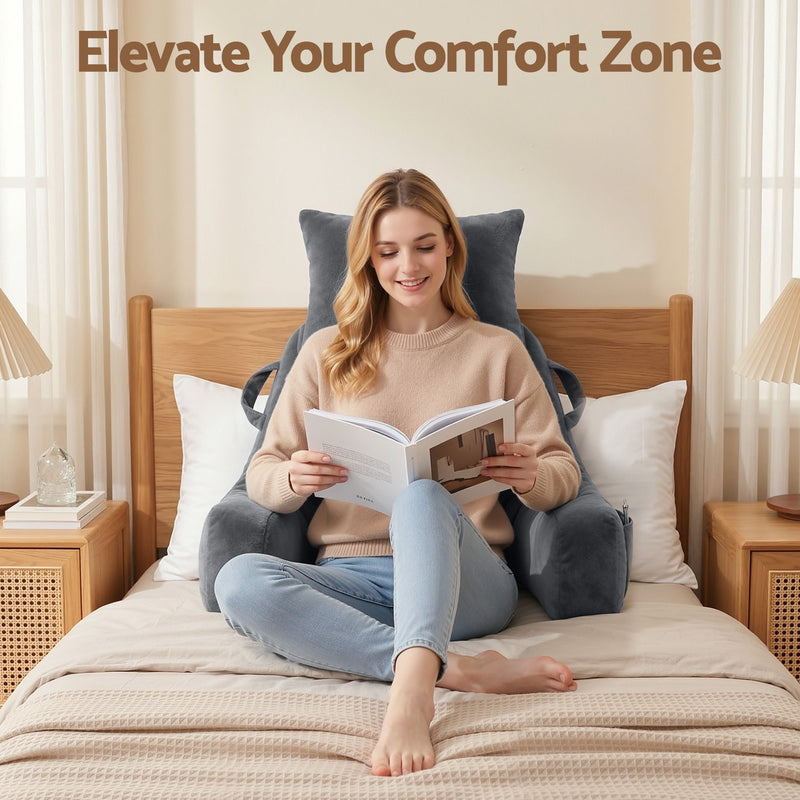 🛋️ Danoz PillowSmart | Giselle Bedding Reading Pillow | Detachable Neck Roll | Armrests | Side Pockets | Back Support | TV & Gaming | Gray