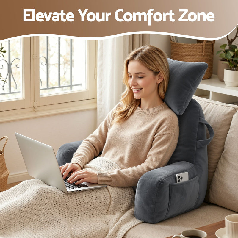 🛋️ Danoz PillowSmart | Giselle Bedding Reading Pillow | Detachable Neck Roll | Armrests | Side Pockets | Back Support | TV & Gaming | Gray