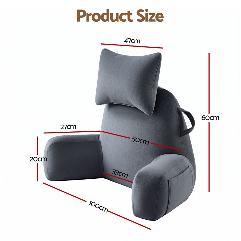 🛋️ Danoz PillowSmart | Giselle Bedding Reading Pillow | Detachable Neck Roll | Armrests | Side Pockets | Back Support | TV & Gaming | Gray