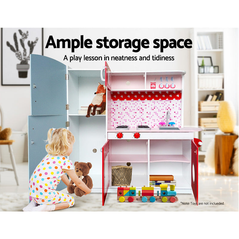 Danoz Kids - Keezi Kids Kitchen Play Set Wooden Pretend Toys Cooking Children Fridge Oven Red