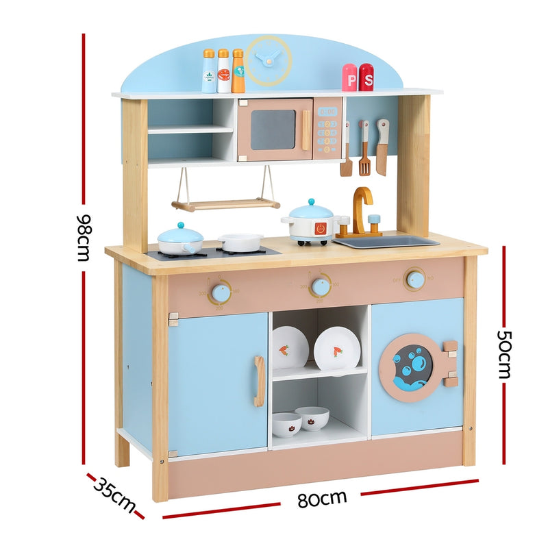 Danoz Kids - Keezi Kids Wooden Pretend Kitchen Play Sets Cooking Toys Pot Pan Bowls Oven Dishwasher 80CM Blue
