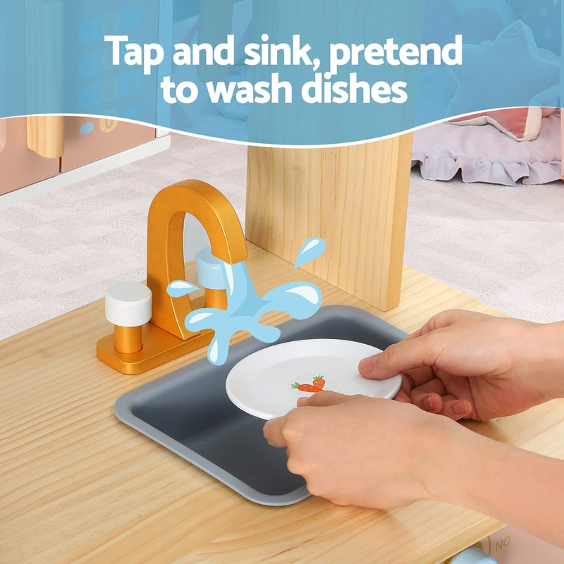 Danoz Kids - Keezi Kids Wooden Pretend Kitchen Play Sets Cooking Toys Pot Pan Bowls Oven Dishwasher 80CM Blue